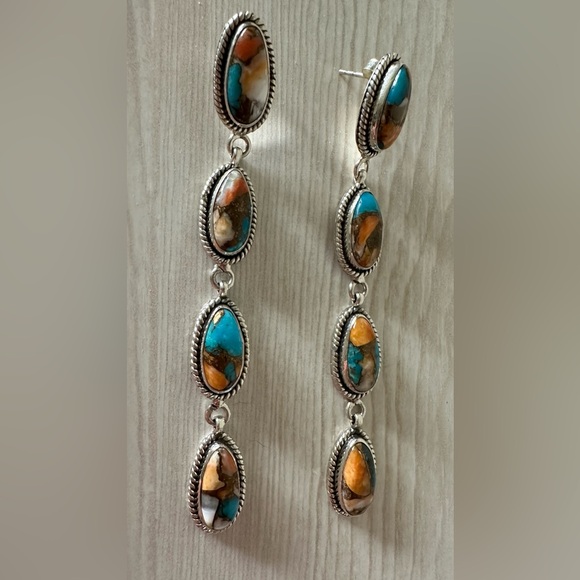 Navajo Sterling Silver & Multi Stone Spice Dangle Earrings - Picture 2 of 4